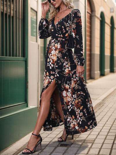 Women's Long Sleeve V-neck Printed Slit Long Dress