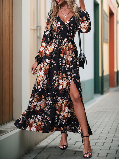 Women's Long Sleeve V-neck Printed Slit Long Dress