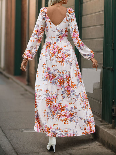 Women's Long Sleeve V-neck Printed Slit Long Dress