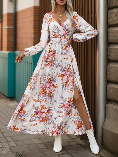 Women's Long Sleeve V-neck Printed Slit Long Dress