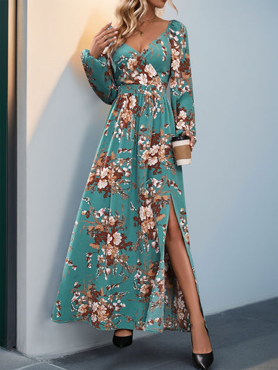 Women's Long Sleeve V-neck Printed Slit Long Dress