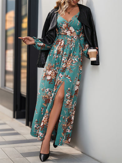 Women's Long Sleeve V-neck Printed Slit Long Dress