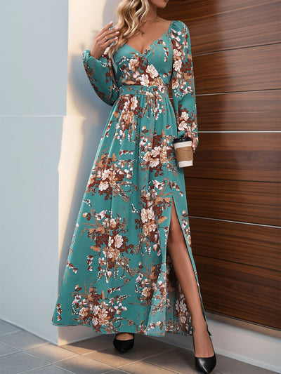 Women's Long Sleeve V-neck Printed Slit Long Dress