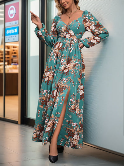 Women's Long Sleeve V-neck Printed Slit Long Dress