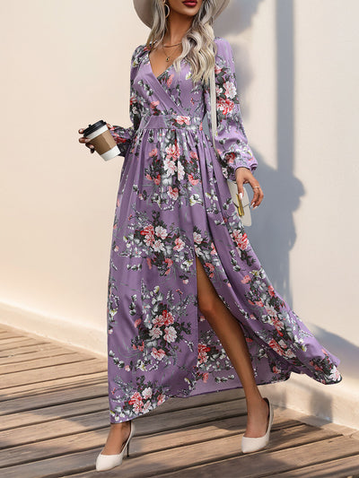 Women's Long Sleeve V-neck Printed Slit Long Dress