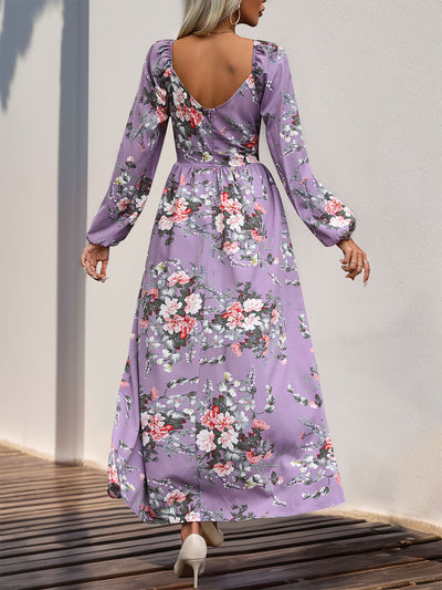 Women's Long Sleeve V-neck Printed Slit Long Dress