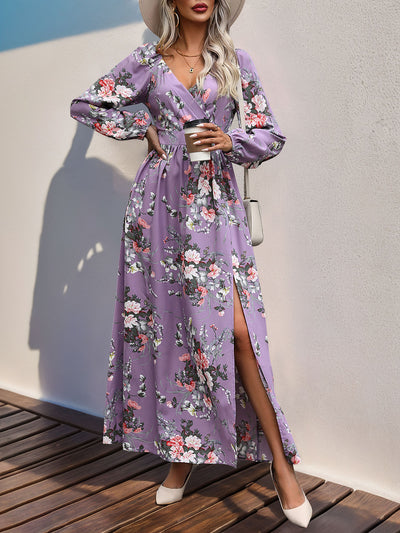 Women's Long Sleeve V-neck Printed Slit Long Dress