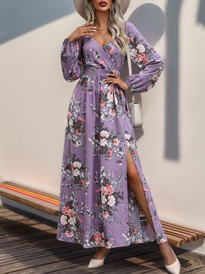 Women's Long Sleeve V-neck Printed Slit Long Dress