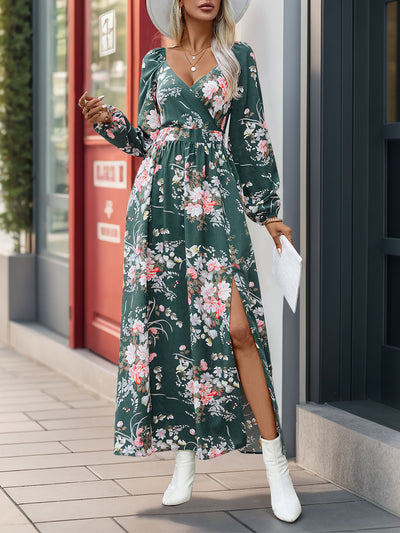 Women's Long Sleeve V-neck Printed Slit Long Dress