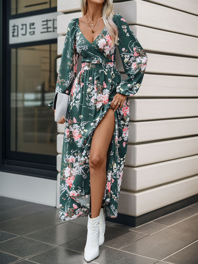 Women's Long Sleeve V-neck Printed Slit Long Dress