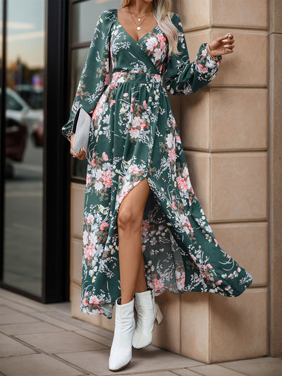 Women's Long Sleeve V-neck Printed Slit Long Dress