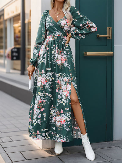 Women's Long Sleeve V-neck Printed Slit Long Dress