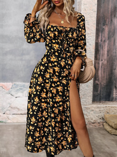 Women's Long Sleeve Square Neck Tie Printed Slit Long Dress