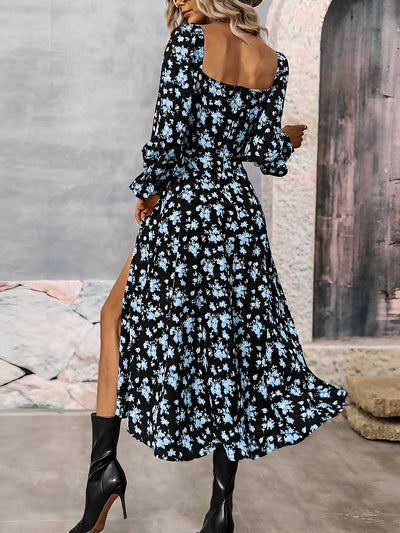 Women's Long Sleeve Square Neck Tie Printed Slit Long Dress