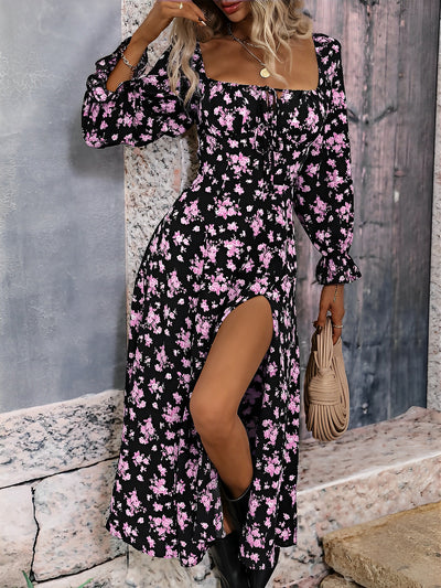 Women's Long Sleeve Square Neck Tie Printed Slit Long Dress