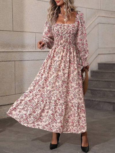 Women's Lantern Sleeve Square Neck Flower Printed Long Dress