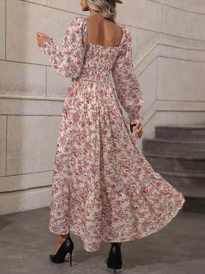 Women's Lantern Sleeve Square Neck Flower Printed Long Dress