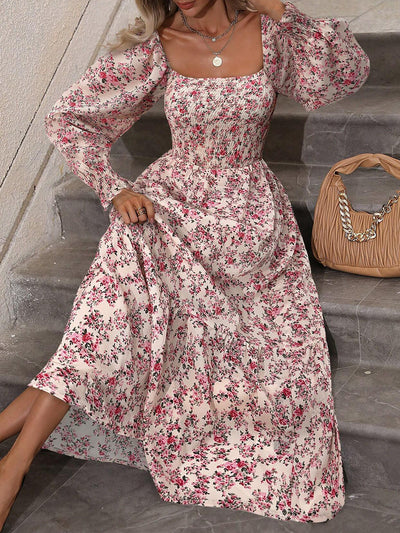 Women's Lantern Sleeve Square Neck Flower Printed Long Dress