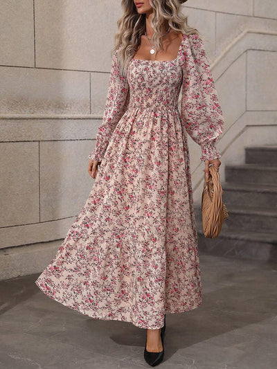 Women's Lantern Sleeve Square Neck Flower Printed Long Dress