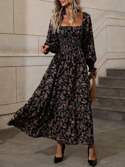 Women's Lantern Sleeve Square Neck Flower Printed Long Dress