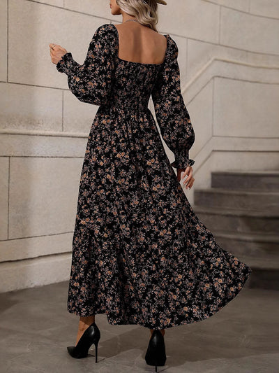 Women's Lantern Sleeve Square Neck Flower Printed Long Dress