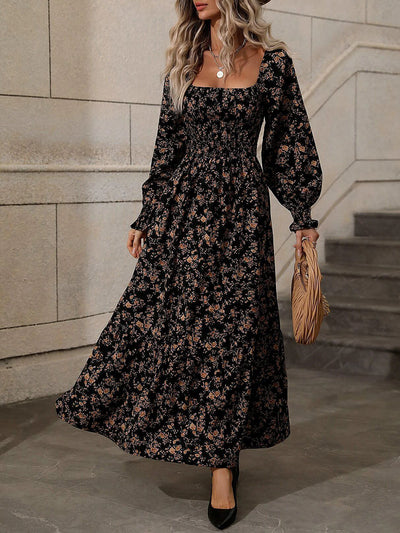 Women's Lantern Sleeve Square Neck Flower Printed Long Dress