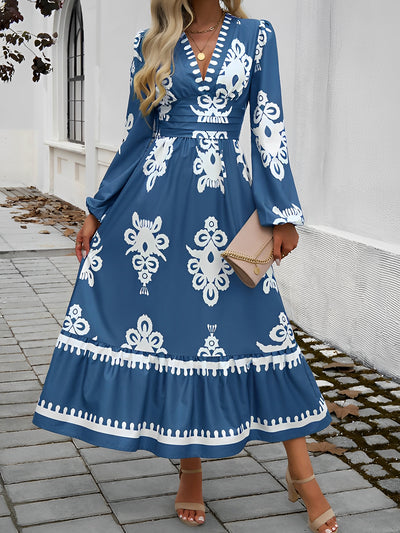 Women's Elegant Lantern Sleeve V-Neck Printed Long Dress