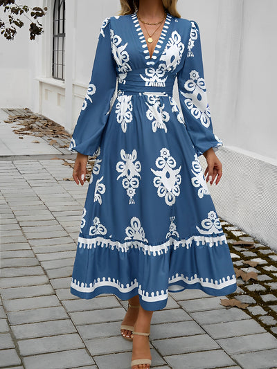 Women's Elegant Lantern Sleeve V-Neck Printed Long Dress