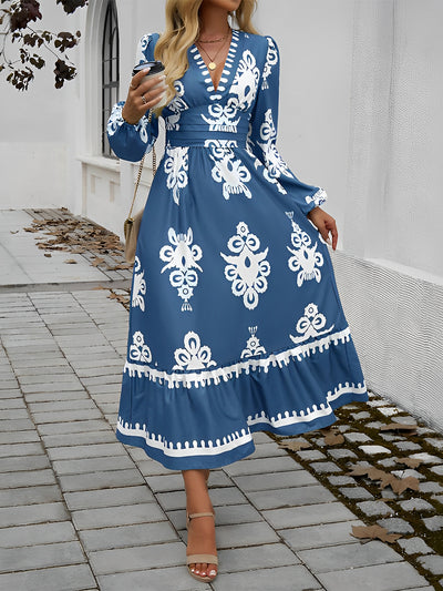 Women's Elegant Lantern Sleeve V-Neck Printed Long Dress