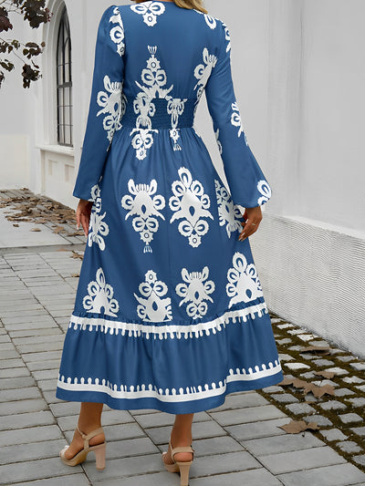 Women's Elegant Lantern Sleeve V-Neck Printed Long Dress