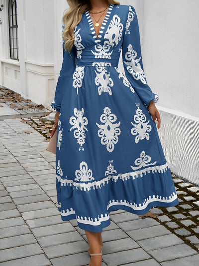 Women's Elegant Lantern Sleeve V-Neck Printed Long Dress