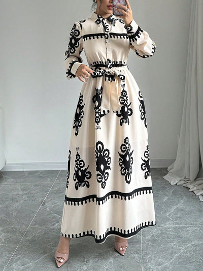 Women's Elegant Lantern Sleeve Shirt Collar Button Print Long Dress