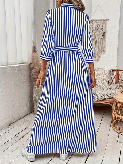 Women's Striped Print Button Long Shirt Dress