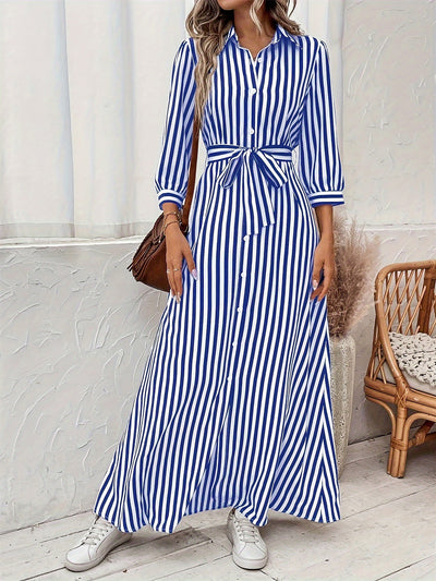 Women's Striped Print Button Long Shirt Dress