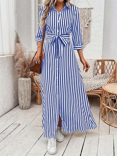 Women's Striped Print Button Long Shirt Dress